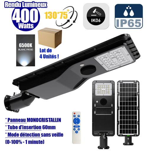 Lot de 4x Lampes de rue solaire - Série POWER EVO V2 - 400 Watts - 1800 Lumens - IP65 - Angle 130x75° - 57 x 20 x 9 cm - Panneau MONOCRISTALLIN - Structure en ALUMINIUM - Mode détection sans veille (0-100% - 1 minute) - Télécommande - 6500K