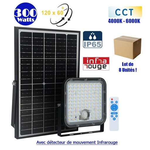 Lot de 8x Projecteurs LED solaires CCT (Couleur Changeante en Température) - Série SECURITY V1 - Rendu lumineux 300 Watts - 4800 lumens - Angle 120° x 60° - IP65 - Lampe 20 x 19 x 5 cm - Panneau solaire monocristallin - Détecteur PIR