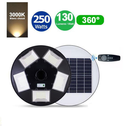 Lampe solaire pour extérieur - Série OVNI BASIC - 250 Watts - 1900 lumens - Angle 360° - IP65 - Diamètre tube d'insertion 80 mm - Avec détecteur de mouvement - Avec télécommande - Contrôleur MPPT - Couleur d'éclairage 3000K