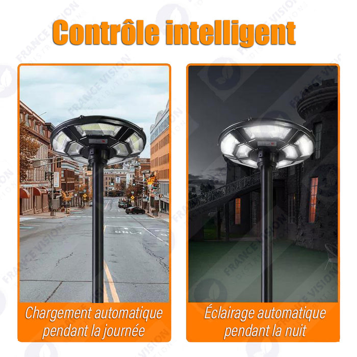 Lampe solaire pour extérieur - Série OVNI BASIC V2 - Rendu lumineux 150W - Angle 360° - IP65 - 55 x 15 cm - Tube d'insertion 60 / 76mm - Avec télécommande - Avec détecteur de mouvement - Avec capteur crépusculaire - 6000k