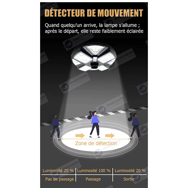 Lot de 5x Lampes solaires pour extérieur - Série OVNI CRYSTAL V2 - 300 Watts - 1900 Lumens - Angle 360° - IP65 - Lampe 55 x 55 cm - Panneau polycristallin 42 x 35 cm - Tube d'insertion 60/76 mm - Détecteur de mouvement - Télécommande - 6000k