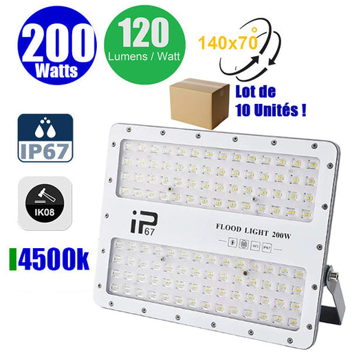 Lot de 10x Projecteurs LED filaires - Série ELITE - 200 Watts - 24 000 Lumens - 120 Lumens / Watt - Angle 140x70° - IP67 - Protection à l'impact IK08 - 32 x 24 x 4 cm - Couleur 4500k