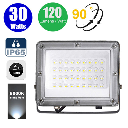 Projecteur LED filaire - Série PERLE V2 - 30 Watts - 3600 Lumens - 120 Lumens/Watt - Angle 90° - IP65 - 6000K - 150 x 123 x 25 mm