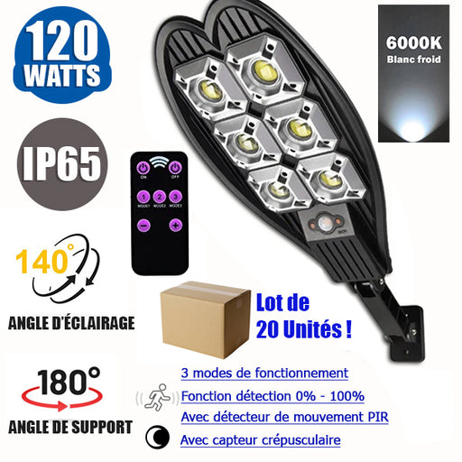 Lot de 20x Lampes LED solaires pour extérieur - Série MULTI - 120 Watts - Angle 140° - IP65 - 55 x 37 x 18 cm - 3 Modes - Dimmable - COB LED - Télécommande - Détecteur de mouvement - Capteur crépusculaire - 6000k – Fonction détection 0% – 100%