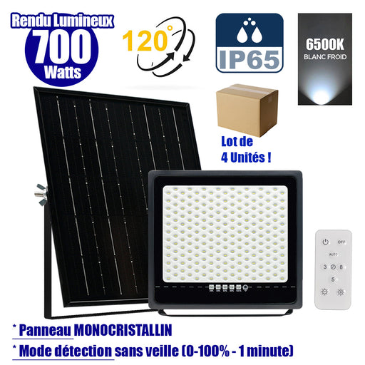 Lot de 4x Projecteurs LED solaires - Série SECURITY ULTRA - 700 Watts - 4000 Lumens - Angle 120° - IP65 - Lampe 37 x 36 x 5 cm - Panneau solaire MONOCRISTALLIN 45 x 42 x 3 cm - Télécommande - 6500k - Mode de détection sans veille (0-100% - 1 minute)