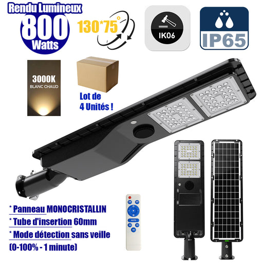 Lot de 4x Lampes de rue solaire - Série POWER EVO V2 - 800 Watts - 2200 Lumens - IP65 - Angle 130x75° - 75 x 20 x 9 cm - Panneau MONOCRISTALLIN - Structure en ALUMINIUM - Mode détection sans veille (0-100% - 1 minute) - Télécommande - 3000K