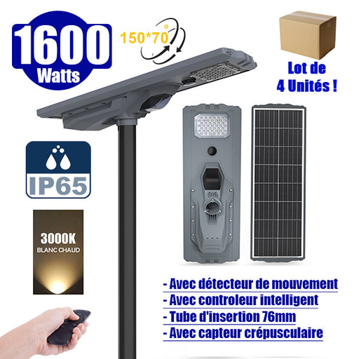 Lot de 4x Lampes de rue solaires - Série STARSHIP ULTRA 4500 - Rendu lumineux 1600 Watts - 4500 Lumens - Couleur 3000k - Angle 150x70° - IP65 - Structure aluminium - Dimensions 93 x 36 x 16 cm - Tube d'insertion 76mm - Contrôle intelligent - Capteur PIR