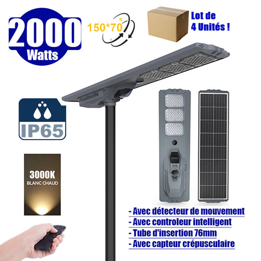 Lot de 4x Lampes de rue solaires - Série STARSHIP ULTRA 8500 - Rendu lumineux 2000 Watts - 8500 Lumens - Couleur 3000k - Angle 150x70° - IP65 - Structure aluminium - Dimensions 134 x 36 x 16 cm - Tube d'insertion 76mm - Contrôle intelligent - Capteur PIR