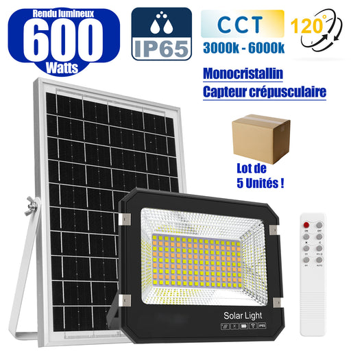 Lot de 5x Projecteurs LED solaires Série AJUST V3 - CCT - Rendu lumineux 600 Watts - 4100 Lumens - 90° - IP65 - Projecteur 36 x 30 x 5 cm - Panneau MONOCRISTALLIN 39 x 36 x 2 cm - Avec télécommande - Avec capteur crépusculaire