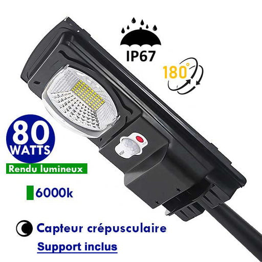 Lampe de rue solaire - Série CYCLOPE - Rendu lumineux 80 Watts - Angle éclairage 180 ° - IP67 - 25 x 14 x 4 cm - Avec capteur crépusculaire – Support mural intégré – Couleur 6000K