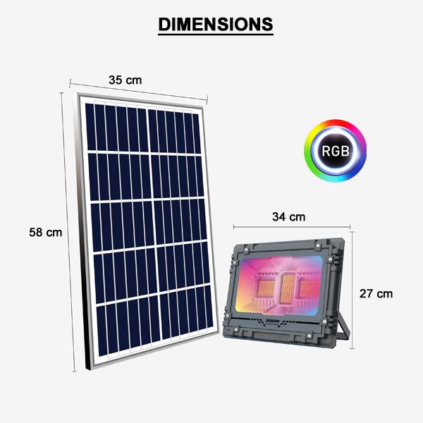 Carton / Lot de 4x Projecteurs LED solaires - Série WARRIOR RGBW (Multicolores + Blanc) - 300 Watts - Angle 120° - Lampe 34 x 27 x 8 cm - IP67 - Avec télécommande - Avec capteur crépusculaire - Bluetooth - Rythme musical
