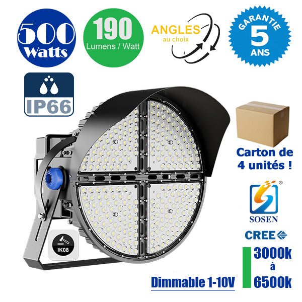 Carton / Lot de 4x Projecteurs de stade - Série ROUND V2 - 500 Watts -  95 000 Lumens - 190 Lumens/Watt - Angle 20° /  30° / 45° / 60° au choix - IP66 - 59 x 51 x 26 cm - 3000k à 6500k - Dimmable - Transformateur SOSEN - Garantie 5 ans