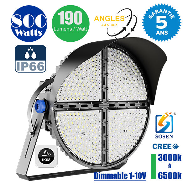 Projecteur de stade - Série ROUND V2 - 800 Watts -  152 000 Lumens - 190 Lumens/Watt - Angle 20° /  30° / 45° / 60° au choix - IP66 - 70 x 65 x 26 cm - 3000k à 6500k - Dimmable - Transformateur SOSEN - Garantie 5 ans