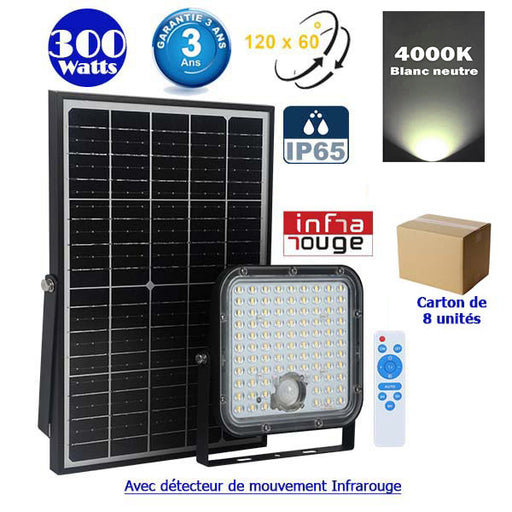 Lot / Carton de 8x Projecteurs LED solaires - Série SECURITY V1 - Rendu lumineux 300 Watts - 4800 lumens - Angle 120° x 60° - IP65 - 4000k - Lampe 20 x 19 x 5 cm - Panneau solaire monocristallin - Détecteur PIR - Télécommande