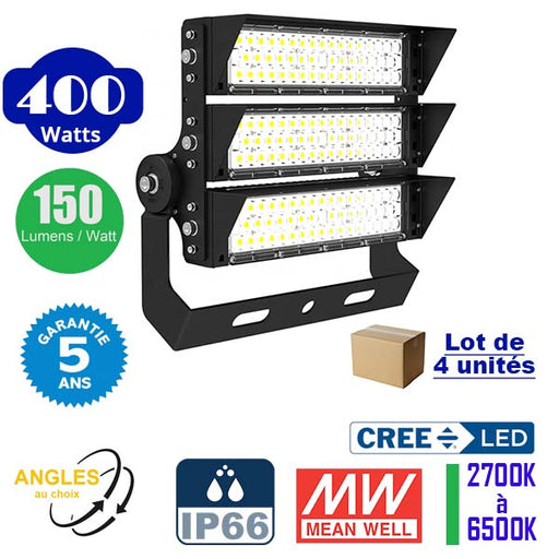 Lot de 4x Projecteurs haute puissance LED de stade - Série EXCEPTION - 400 Watts - 60 000 Lumens - 150 Lumens/Watt - Angle 20°/40°/60°/90° au choix - 44 x 38 x 11 cm - IP66 - IK08 - 2700k à 6500k - Transformateur Meanwell- Garantie 5 ans