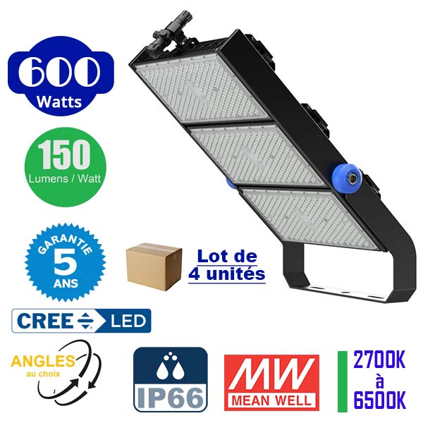 Lot de 4x Projecteurs haute puissance LED de stade - Série EXCEPTION - 600 Watts - 90 000 Lumens - 150 Lumens/Watt - Angle 15°/30°/45°/60°/120° au choix - 92 x 74 x 13 cm - IP66 - IK08 - 2700k à 6500k - Transformateur Meanwell- Garantie 5 ans