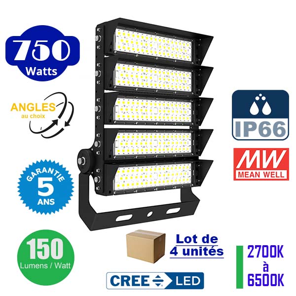 Lot de 4x Projecteurs haute puissance LED de stade - Série EXCEPTION - 750 Watts - 112 500 Lumens - 150 Lumens/Watt - Angle 20°/40°/60°/20°x95° au choix - 44 x 58 x 11 cm - IP66 - IK08 - 2700k à 6500k - Transformateur Meanwell- Garantie 5 ans