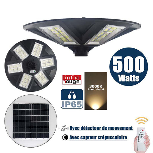 Lampe solaire pour extérieur - Série OVNI - Version HERCULE 500 - Rendu lumineux 500 Watts - 2200 lumens – Angle 360° - IP65 - Diamètre tube d'insertion 60 / 76 mm - Avec détecteur de mouvement – Capteur crépusculaire - Avec télécommande - 3000k