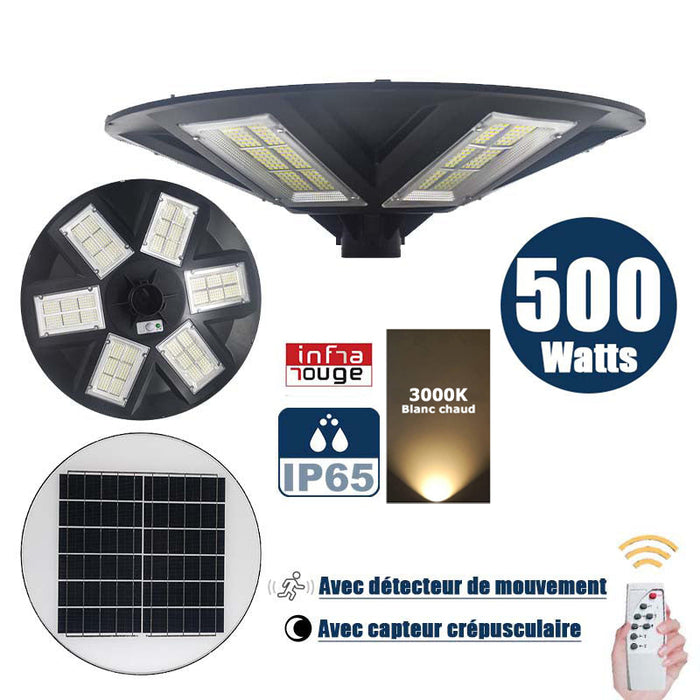 Lampe solaire pour extérieur - Série OVNI - Version HERCULE 500 - Rendu lumineux 500 Watts - 2200 lumens – Angle 360° - IP65 - Diamètre tube d'insertion 60 / 76 mm - Avec détecteur de mouvement – Capteur crépusculaire - Avec télécommande - 3000k