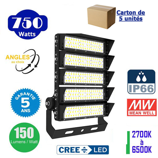 Carton / Lot de 5x Projecteurs haute puissance LED de stade - Série EXCEPTION - 750 Watts - 112 500 Lumens - 150 Lumens/Watt - Angle 20°/40°/60°/20°x95° au choix - 44 x 58 x 11 cm - IP66 - IK08 - 2700k à 6500k - Transformateur Meanwell- Garantie 5 ans