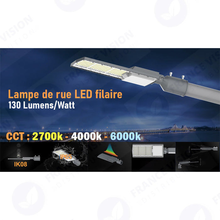 Lampe de rue filaire - Série FLEX V2 - 100 Watts - 13 000 Lumens - 130 Lumens/Watt - IP65 - IK09 - Angle 140x70° - 54 x 17 x 2 cm - 6000k – Angle rotatif ajustable - Tube d'insertion 50/60mm - Garantie 5 ans