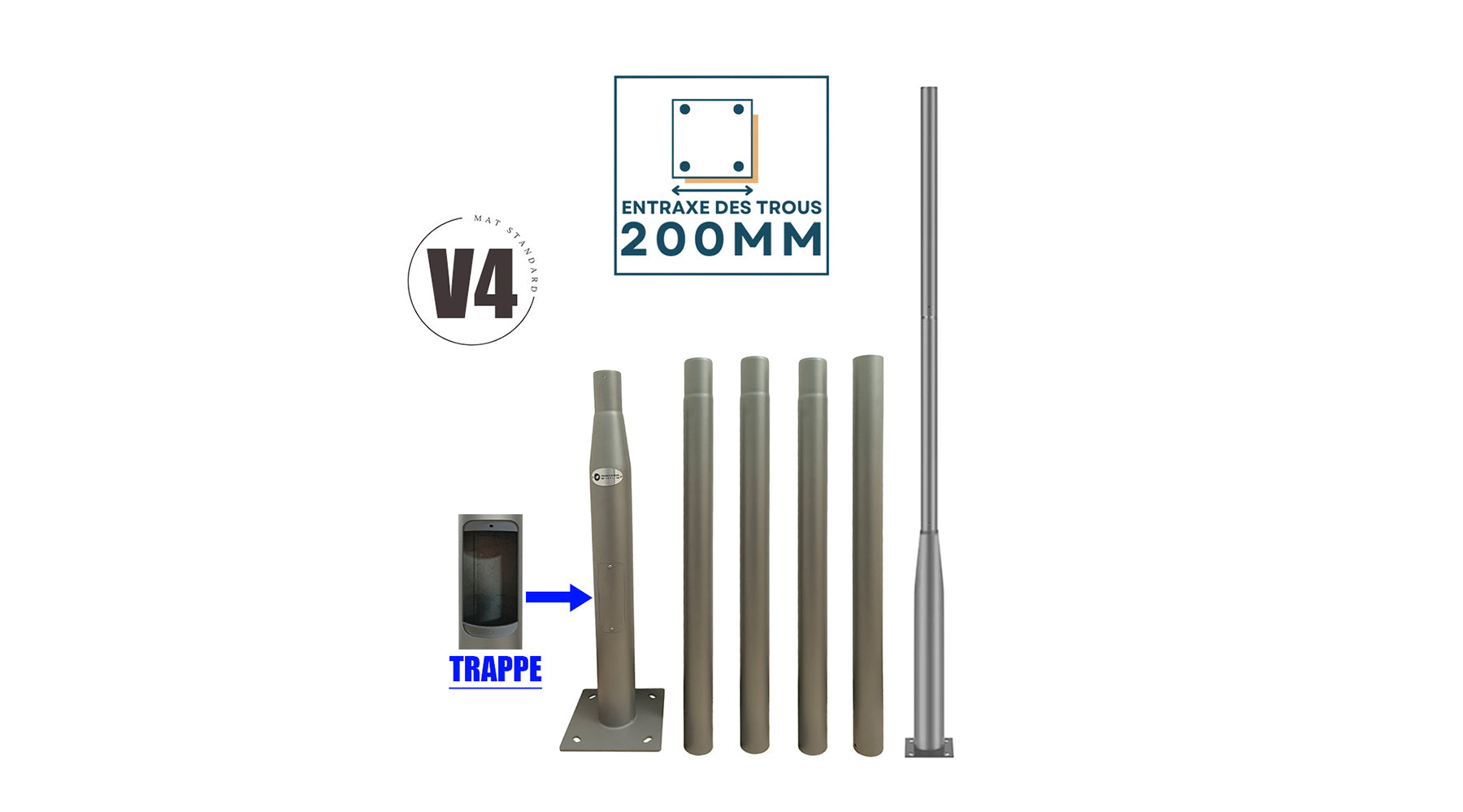 [NOUVEAU] 🆕 Mât / Poteau pour lampe de rue - Entraxe latéral 200mm - Série STANDARD EVO V4 - Avec TRAPPE - Gris