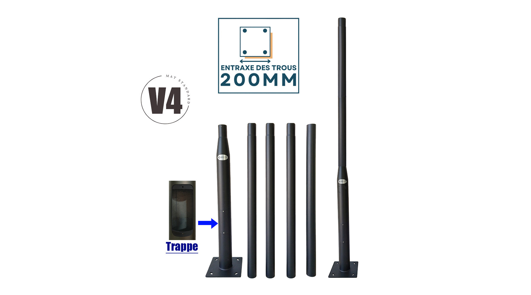 [NOUVEAU] 🆕 Mât / Poteau pour lampe de rue - Entraxe latéral 200mm - Série STANDARD EVO V4 - Avec TRAPPE - Noir