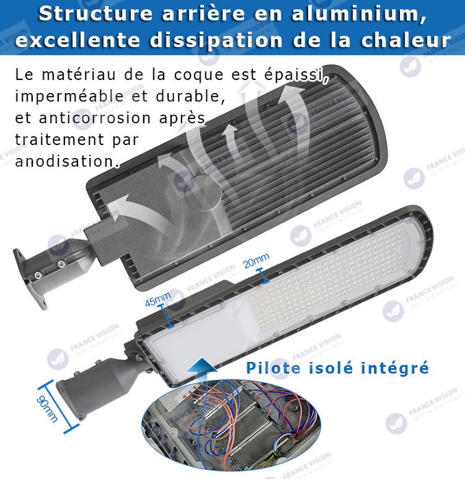 Lampe de rue filaire - Série FLEX ECO - 50 Watts - 6000 Lumens - 120 Lumens/Watt - Angle 120 x 60° - IP66 - IK08 - 493 x 170 x 70mm - Tube d'insertion 50mm - 3000k