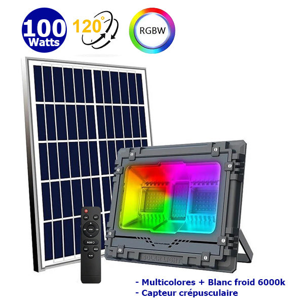 Projecteur LED solaire - Série WARRIOR RGBW (Multicolores + Blanc) - 100 Watts - Angle 120° - Lampe 26 x 20 x 6 cm - IP67 - Avec télécommande - Avec capteur crépusculaire