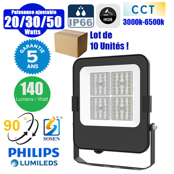 Lot de 10x Projecteurs LED filaires CCT (Couleur Changeante en Température) - Série CITY PLUS EVO V2 - Modèle 9 en 1 - Puissance ajustable 20 / 30 / 50 Watts - 140 Lumens/Watt - Angle 90° - 25 x 21 x 4 cm - IP66 - IK08 - Câble 1 mètre - Garantie 5 ans
