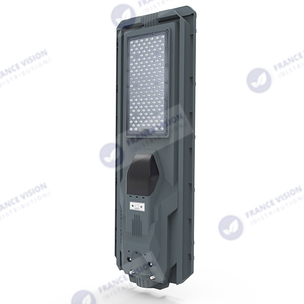 Lampe de rue solaire - Série STARSHIP - Rendu lumineux 1200 Watts - 3600 Lumens - Couleur 6000K - Angle 150x70° - IP65 - Dimensions 82 x 30 x 8 cm - Tube d'insertion 45mm - Avec détecteur de mouvement - Télécommande - 3 modes de fonctionnement