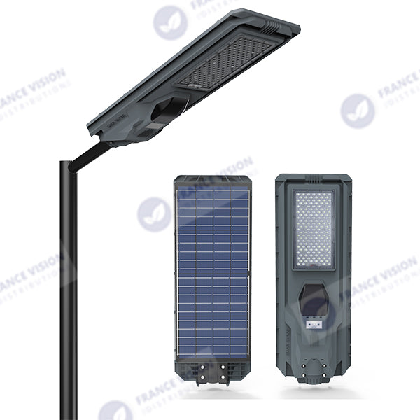 Lampe de rue solaire - Série STARSHIP - Rendu lumineux 1200 Watts - 3600 Lumens - Couleur 6000K - Angle 150x70° - IP65 - Dimensions 82 x 30 x 8 cm - Tube d'insertion 45mm - Avec détecteur de mouvement - Télécommande - 3 modes de fonctionnement