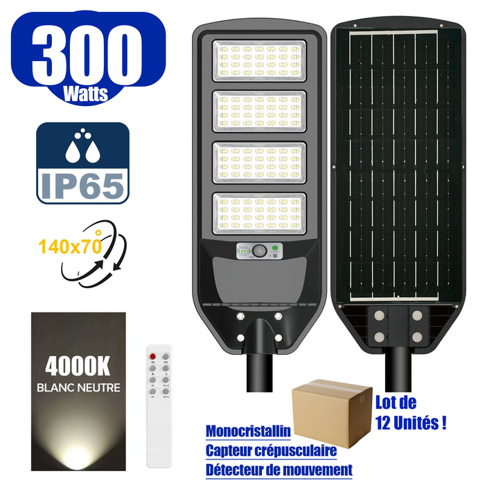 Lot de 12x Solaires - Luminaire LED pour Candélabre / Lampe de rue et parking - Série VIEW V2 - 300 Watts - 2300 Lumens - Angle 140*70° - IP65 - Lampe 62 x 25 x 5 cm - Panneau MONOCRISTALLIN - Détecteur de mouvement - 4000k - Tube d'insertion 45mm