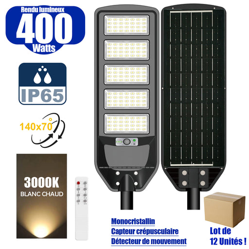 Lot de 12x Solaires - Luminaire LED pour Candélabre / Lampe de rue et parking - Série VIEW V2 - 400 Watts - 2700 Lumens - Angle 140*70° - Lampe 72 x 25 x 5 cm - Panneau MONOCRISTALLIN - 61 x 23 cm - Détecteur de mouvement - 3000k - Tube d'insertion 45mm