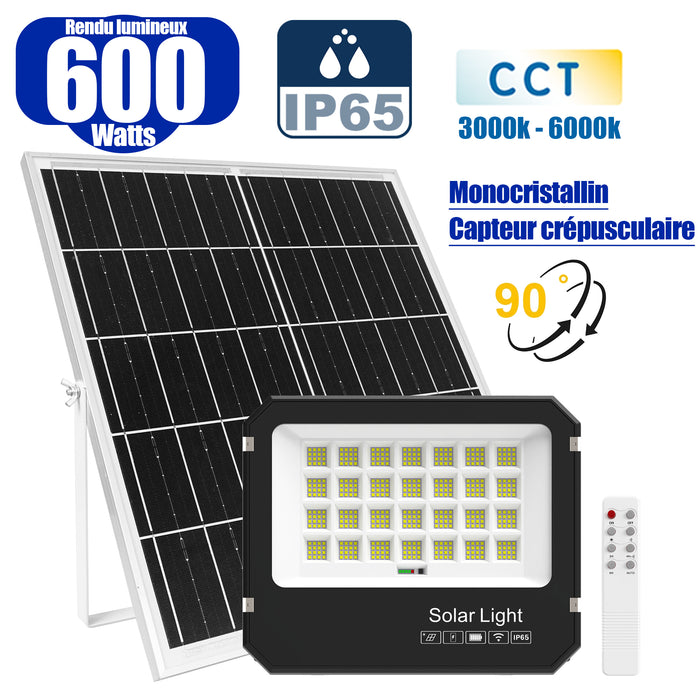 Projecteur LED solaire  Série AJUST V3 - CCT (Couleur Changeante en Température ) - Rendu lumineux 600 Watts - 3500 Lumens - 90° - IP65 - Projecteur 36 x 30 x 5 cm - Panneau MONOCRISTALLIN 39 x 36 x 2 cm - Avec télécommande - Avec capteur crépusculaire