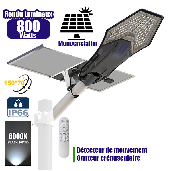Lampe de rue solaire - Série INTERSTELLAR ELITE PIR - 800 Watts - 5600 Lumens - Angle 150*70° - IP66 - Lampe 75 x 34 x 10 cm - Panneau MONO 67 x 45 x 3 cm - Contrôleur intelligent - Télécommande - Support inclus - Détecteur de mouvement - 6000k
