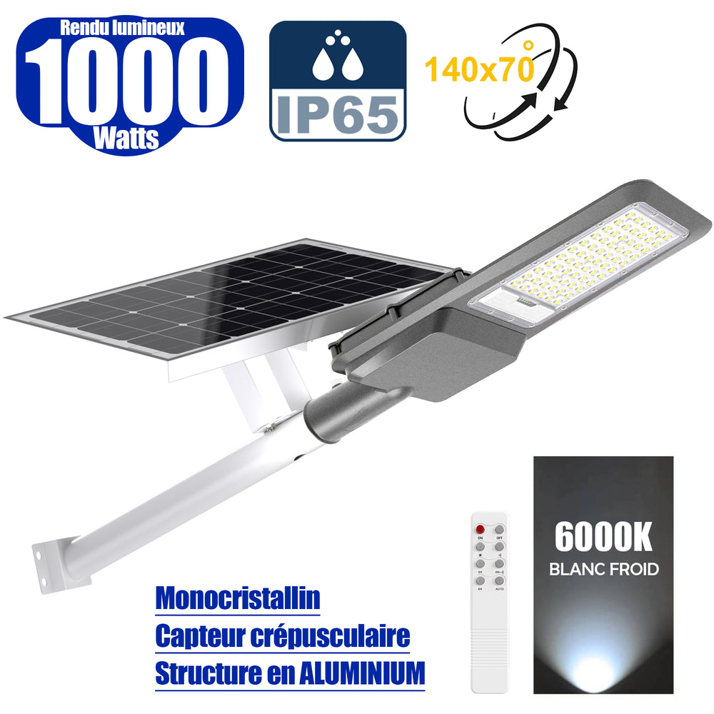 Lampe de rue solaire - Série INTERSTELLAR EVO - 1000 Watts - 6200 Lumens - Angle 140x70° - IP65 - Lampe 50 x 21 x 9 cm - Panneau MONOCRISTALLIN 63 x 39 x 2 cm - Avec télécommande - Capteur crépusculaire - 6000k - Structure ALUMINIUM