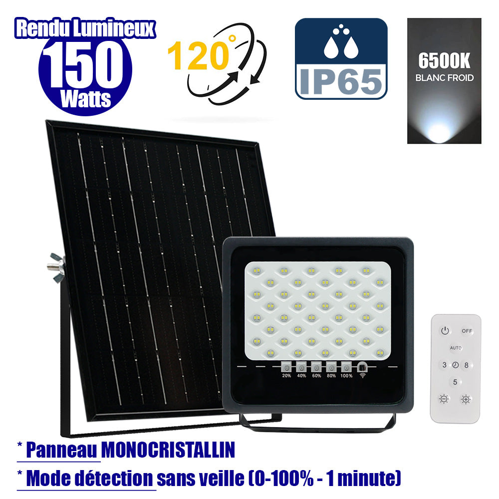 Projecteur LED solaire - Série SECURITY ULTRA - 150 Watts - 900 Lumens - Angle 120° - IP65 - Lampe 21 x 20 x 5 cm - Panneau solaire MONOCRISTALLIN 23 x 21 x 2 cm - Télécommande - 6500k - Mode de détection sans veille (0-100% - 1 minute)