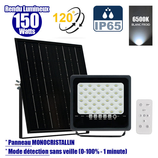Projecteur LED solaire - Série SECURITY ULTRA - 150 Watts - 900 Lumens - Angle 120° - IP65 - Lampe 21 x 20 x 5 cm - Panneau solaire MONOCRISTALLIN 23 x 21 x 2 cm - Télécommande - 6500k - Mode de détection sans veille (0-100% - 1 minute)