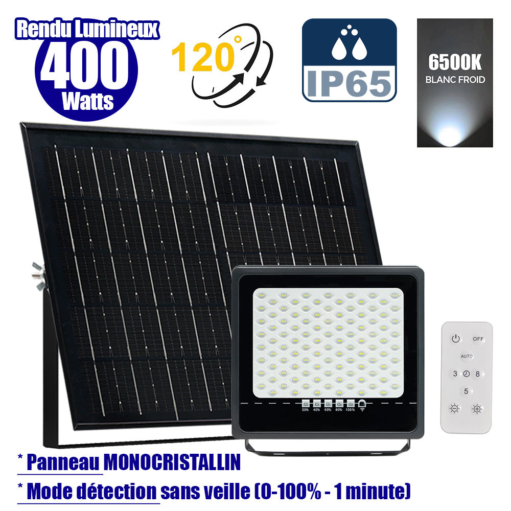 Projecteur LED solaire - Série SECURITY ULTRA - 400 Watts - 2000 Lumens - Angle 120° - IP65 - Lampe 28 x 25 x 5 cm - Panneau solaire MONOCRISTALLIN 42 x 33 x 3 cm - Télécommande - 6500k - Mode de détection sans veille (0-100% - 1 minute)