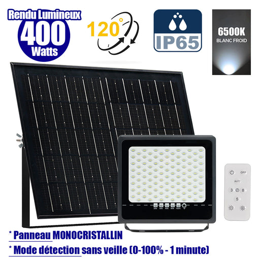 Projecteur LED solaire - Série SECURITY ULTRA - 400 Watts - 2000 Lumens - Angle 120° - IP65 - Lampe 28 x 25 x 5 cm - Panneau solaire MONOCRISTALLIN 42 x 33 x 3 cm - Télécommande - 6500k - Mode de détection sans veille (0-100% - 1 minute)