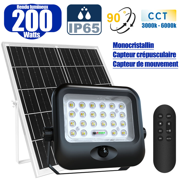 Projecteur LED solaire - Série SECURITY V4 - CCT (3000k/4000k/6000k) - Rendu lumineux 200 Watts - 1600 Lumens - Angle 90° - IP65 - Lampe 23 x 18 x 5 cm - Panneau MONOCRISTALLIN FULL BLACK 27 x 18 x 2 cm - Avec détecteur de mouvement - Avec télécommande