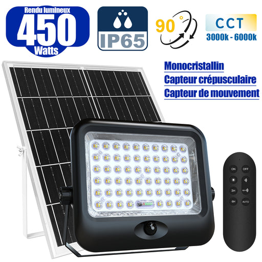 Projecteur LED solaire - Série SECURITY V4 - CCT (3000k/4000k/6000k) - Rendu lumineux 450 Watts - 4800 Lumens - Angle 90° - IP65 - Lampe 28 x 22 x 5 cm - Panneau MONOCRISTALLIN FULL BLACK 35 x 35 x 2 cm - Avec détecteur de mouvement - Avec télécommande