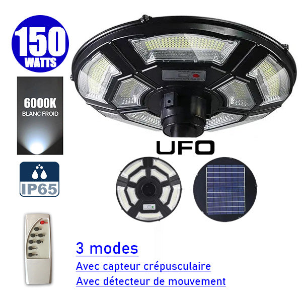 Lampe solaire pour extérieur - Série OVNI BASIC V2 - Rendu lumineux 150W - Angle 360° - IP65 - 55 x 15 cm - Tube d'insertion 60 / 76mm - Avec télécommande - Avec détecteur de mouvement - Avec capteur crépusculaire - 6000k