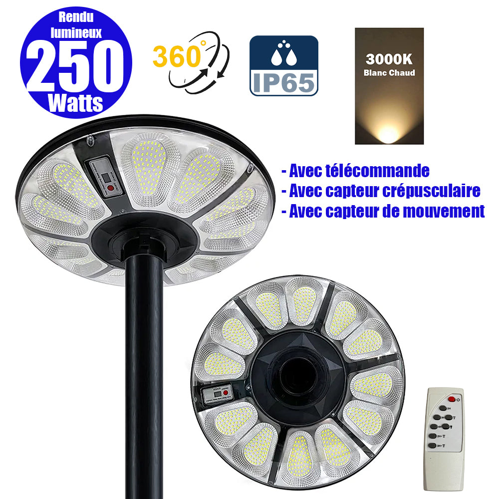 Lampe solaire pour extérieur - Série OVNI CRYSTAL - 250 Watts - 1500 Lumens - Angle 360° - IP65 -  Lampe 55 x 55 x 6 cm - Tube d'insertion 60/76 mm - Panneau polycristallin 36 x 42 cm - Détecteur de mouvement - Capteur crépusculaire - Télécommande - 3000k