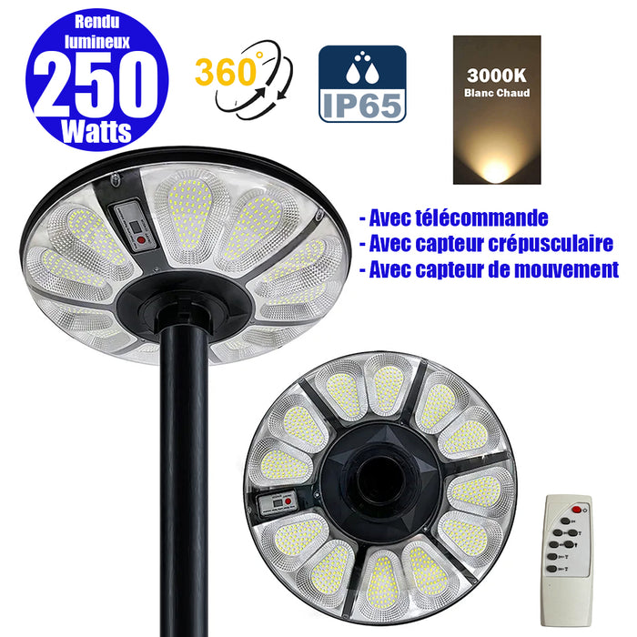 Lampe solaire pour extérieur - Série OVNI CRYSTAL - 250 Watts - 1500 Lumens - Angle 360° - IP65 -  Lampe 55 x 55 x 6 cm - Tube d'insertion 60/76 mm - Panneau polycristallin 36 x 42 cm - Détecteur de mouvement - Capteur crépusculaire - Télécommande - 3000k