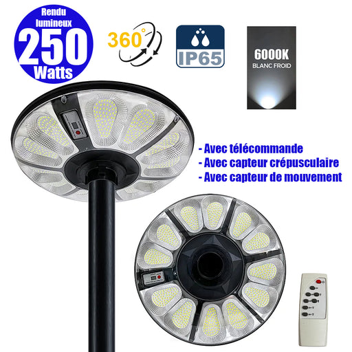 Lampe solaire pour extérieur - Série OVNI CRYSTAL - 250 Watts - 1500 Lumens - Angle 360° - IP65 -  Lampe 55 x 55 x 6 cm - Tube d'insertion 60/76 mm - Panneau polycristallin 36 x 42 cm - Détecteur de mouvement - Capteur crépusculaire - Télécommande - 6000k