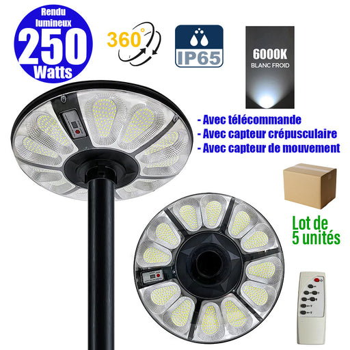 Lot de 5x Lampes solaires pour extérieur - Série OVNI CRYSTAL - 250 Watts - 1500 Lumens - Angle 360° - IP65 -  Lampe 55 x 55 x 6 cm - Tube d'insertion 60/76 mm - Panneau polycristallin 36 x 42 cm - Détecteur de mouvement - Télécommande - 6000k