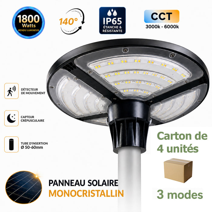 Lot de 4x Lampes solaires pour extérieur - Série OVNI FUTUR V3 - MODULAIRE & CCT - 1800 Watts - 4800 Lumens - IP65 - Angle 140° - 40 x 14 cm - Panneau MONOCRISTALLIN - Tube d'insertion 50-60mm - Avec Détecteur de mouvement - Avec Télécommande