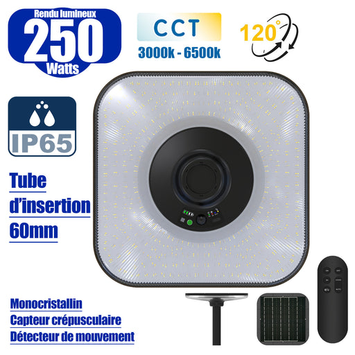 Lampe solaire - Série OVNI SUN FLOWER V2 250 - CCT (3000k+6500k) - Rendu Lumineux 250 Watts - 1500 Lumens - Angle 120° - IP65 - 44 x 44 x 10 cm - Panneau MONOCRISTALLIN - Détecteur de mouvement - Télécommande - Capteur crépusculaire